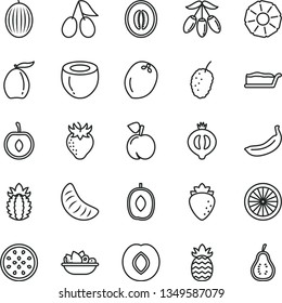 thin line vector icon set - cake slice vector, a plate of fruit, peach, plum, raspberry, strawberry, cornels, half medlar, tasty mulberry, melon, loquat, goji berry, delicious, tangerine, cherry