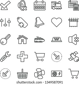 thin line vector icon set - house vector, bell, grocery basket, plus, silent mode, add label, calculation, left bottom arrow, heart, no sound, right, fan screw, cloth industry, steel repair key