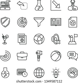 thin line vector icon set - silent mode vector, negative chart, baby bath ball, book, earth, suitcase, move left, caliper, filter, scientific publication, agenda, cash machine, network, flask, bulb
