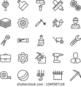 thin line vector icon set - paint roller vector, bath ball, builder, hook, winch, cogwheel, building trolley, adjustable wrench, drill, measuring tape, wooden brush, construction level, putty knife