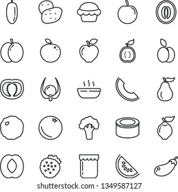 thin line vector icon set - canned goods vector, cake, hot porridge, cabbage, jam, strawberries, apple, orange, quince, red, slice of melon, water, half peach, date fruit, tasty plum, delicious