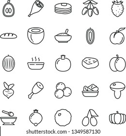 thin line vector icon set - deep plate with a spoon vector, loaf, mushroom, bowl of rice porridge, hot, lettuce in, chicken thigh, grill leg, cabbage, piece meat, pancakes, ripe peach, apple, medlar
