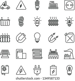 thin line vector icon set - danger of electricity vector, saving light bulb, heating coil, radiator, charging battery, modern gas station, factory, hydroelectric, plug, power socket, industrial