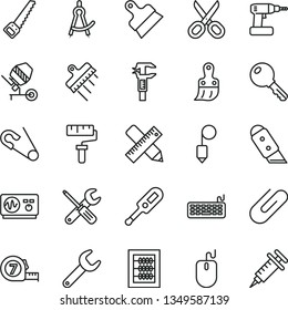 thin line vector icon set - paint roller vector, scissors, new abacus, open pin, electronic thermometer e, concrete mixer, small tools, cordless drill, arm saw, long meashuring tape, plastic brush