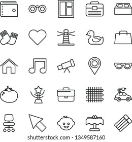 thin line vector icon set - briefcase vector, purse, rubber duck, warm socks, children's hairdo, window, portfolio, building block, home, heart, tomato, weaving, electric car, lighthouse, location