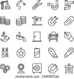 thin line vector icon set - clip vector, safety pin, iron fork spoons, crane, tower, concrete mixer, sewerage, ntrance door, knife, anchor, strongbox, coins, soda can, water pipes, horseshoe magnet