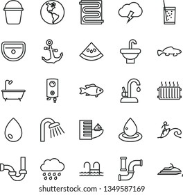 thin line vector icon set - rainy cloud vector, bucket, washbasin, sink, bath, shower, sewerage, heating coil, kitchen faucet, boiler, drop, anchor, storm, small fish, a glass of soda, pipes, oil