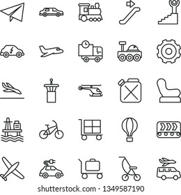 thin line vector icon set - truck lorry vector, cargo trolley, paper airplane, Baby chair, summer stroller, delivery, sea port, conveyor, canister, electric car, transport, lunar rover, helicopter