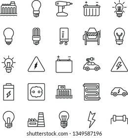 thin line vector icon set - danger of electricity vector, incandescent lamp, concrete mixer, drill, bulb, power socket type f, lightning, heating coil, electronic boiler, charging battery, light