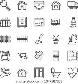 thin line vector icon set - house vector, bedside table, cradle, dwelling, building trolley, trowel, window, wooden paint brush, sink, toilet, laying out, lay of flat, interroom door, ceramic tiles