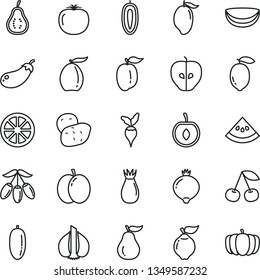 thin line vector icon set - cherry vector, apple, quince, tasty, rose hip, medlar, mango, loquat, goji berry, date fruit, ripe plum, half, sweet, lemon, juicy, piece of coconut, guava, part, garlic