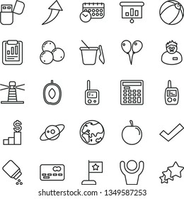 thin line vector icon set - check mark vector, baby powder, bath ball, toy phone, mobile, children's sand set, colored air balloons, blueberries, delicious plum, tasty, planet, lighthouse, schedule