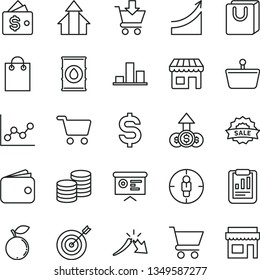 thin line vector icon set - graph vector, cart, put in, bag with handles, coins, blueberry, oil, kiosk, shopping, basket, goal woman, chart, a crisis, statistical report, denomination of the dollar