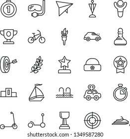 thin line vector icon set - stopwatch vector, motor vehicle present, Kick scooter, child, warm hat, retro car, flame torch, winner, laurel branch, pedestal, prize, gold cup, pawn, star reward, aim