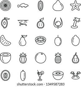 thin line vector icon set - small fish vector, fig, half of mango, melon, date fruit, slice tangerine, passion, sweet, lime, kiwi, orange, guawa, coconut, ripe pineapple, grapefruit, guava, part