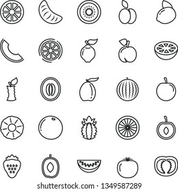 thin line vector icon set - strawberry vector, apple, peach, quince, water melon, slice of, loquat, delicious plum, half, tangerine, tasty, cherry, yellow lemon, juicy, kiwi, orange, ripe pineapple