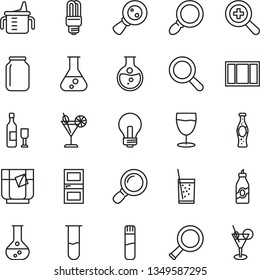 thin line vector icon set - incandescent lamp vector, magnifier, zoom, measuring cup for feeding, window frame, interroom door, a glass of soda, tea, cocktail, bottle, liquor, round flask, jar, wine