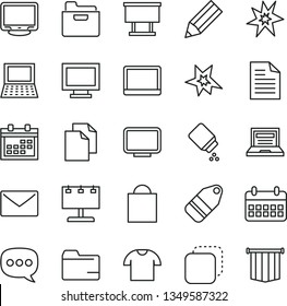 thin line vector icon set - laptop vector, monitor window, calendar, paper bag, clean, scribbled, folder, baby powder, envelope, T shirt, label, copy, billboard with illumination, pencil, speech