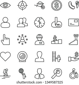 thin line vector icon set - woman vector, women, workman, garden trolley, employee, heart, index finger, eye, pass card, lens, man, in sight, dollar, get a wage, brain, bactery, carrer stairway
