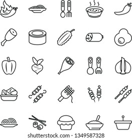 thin line vector icon set - plastic fork spoons vector, iron, sausage, canned goods, fried vegetables on sticks, onion, slices of, spaghetti, cake, a bowl buckwheat porridge, in saucepan, grill leg