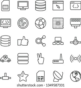 thin line vector icon set - star vector, thumb up, screen, big data, autopilot, processor, satellite dish, SIM card, connections, scheme, router, network, browser, connect, coding, lan connector