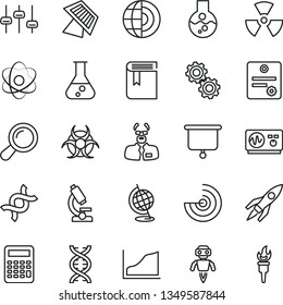 thin line vector icon set - book vector, flask, microscope, atom, nuclear, zoom, dna, gears, settings, biohazard, globe, oscilloscope, scientist, calculator, growth graph, radar, earth core, robot