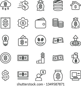 thin line vector icon set - dollar vector, coins, column of, denomination the, financial item, wallet, money, dollars, cash, bag hand, rain, coin, mortgage, pedestal, gear, idea, eyes, growth, atm