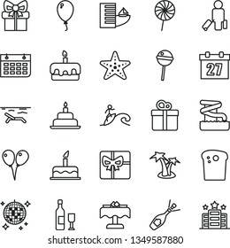 thin line vector icon set - daily calendar vector, colored air balloons, balloon, cake, birthday, gift, Easter, torte, Chupa Chups, lollipop, wall, giftbox, wine, champagne, passenger, hotel, beach