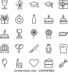 thin line vector icon set - tassel vector, colored air balloons, balloon, cake, heart, square academic hat, Easter, piece of, slice, torte, birthday, lollipop, glass, bottle, gift, giftbox, gold cup