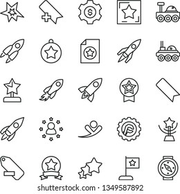 thin line vector icon set - add bookmark vector, remove label, star gear, rocket, space, lunar rover, bang, cup, reward, medal, flag, ribbon, certificate, dollar, stars around man, three, flying