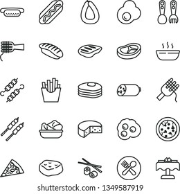 thin line vector icon set - plastic fork spoons vector, sausage, stick of, cheese, pizza, piece, Hot Dog, mini, spaghetti, noodles, porridge, lettuce in a plate, bacon, chop, barbecue, French fries