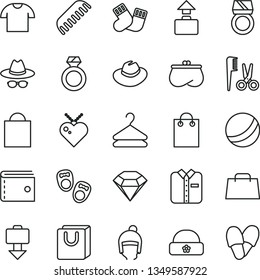 thin line vector icon set - paper bag vector, purse, hat, with glasses, bath ball, accessories for a hairstyle, comb, warm socks, shoes little children, winter, handles, T shirt, folded, hanger