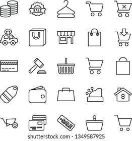 thin line vector icon set - paper bag vector, grocery basket, bank card, hammer of a judge, motor vehicle present, building trolley, cart, put in, crossed, with handles, cards, kiosk, coins, hanger