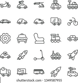 thin line vector icon set - truck lorry vector, Baby chair, motor vehicle, present, toy train, tricycle, child Kick scooter, car, delivery, electric, transport, retro, autopilot, rocket, space, bus