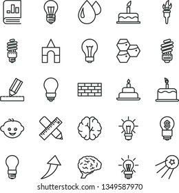 thin line vector icon set - matte light bulb vector, children's hairdo, box of bricks, cake, birthday, brickwork, saving, writing accessories, drawing, honeycombs, drop, energy, book on statistics