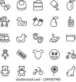 thin line vector icon set - baby powder vector, bib, Child T shirt, rubber duck, duckling, warm socks, toy mobile phone, children's potty, teddy bear, small, train, yule, bicycle, tricycle, lollipop