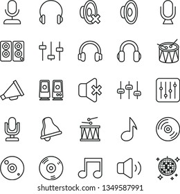 thin line vector icon set - bell vector, desktop microphone, horn, loudspeaker, silent mode, drumroll, drum, headphones, CD, regulator, volume, no sound, pc speaker, note, settings, disco ball