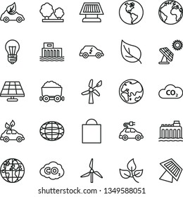 thin line vector icon set - sign of the planet vector, paper bag, solar panel, big, leaves, leaf, windmill, wind energy, Earth, bulb, hydroelectric station, hydroelectricity, trees, eco car, CO2
