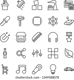 thin line vector icon set - safety pin vector, comb, a chair for feeding child, yule, cubes children, bulb, tile, calculation, spatula, headphones, bottle of soda, leaf, factory, calipers, cpu, note