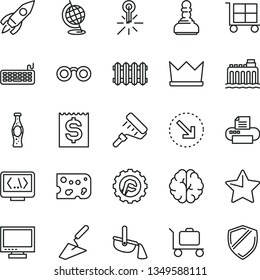 thin line vector icon set - monitor vector, cargo trolley, trowel, paint roller, star gear, new radiator, right bottom arrow, piece of cheese, bottle soda, hydroelectricity, mercury thermometer