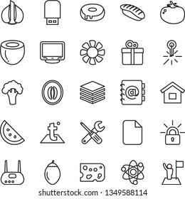 thin line vector icon set - dwelling vector, small tools, temperature, pile, address book, gift, piece of cheese, cake with a hole, tomato, japanese sushi, orange slice, half melon, tamarillo, fan