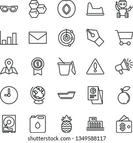 thin line vector icon set - warning vector, envelope, bath, children's sand set, potty chair, wall clock, map, honeycombs, plum, blueberry, pineapple, hydroelectric station, canister of oil, cart