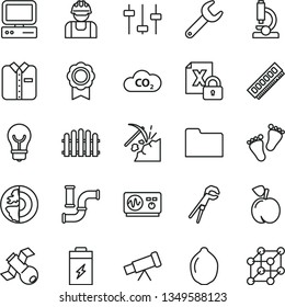 thin line vector icon set - footprints vector, adjustable wrench, hedge, bulb, folded shirt, peach, lime, charging battery, coal mining, water pipes, builder, CO2, repair key, computer, encrypting