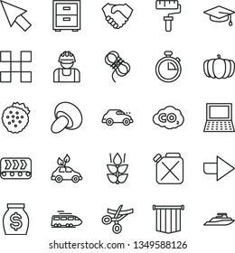 thin line vector icon set - paint roller vector, stopwatch, right direction, bedside table, tile, hawser, porcini, strawberries, mint, pumpkin, conveyor, builder, canister, retro car, carbon dyoxide