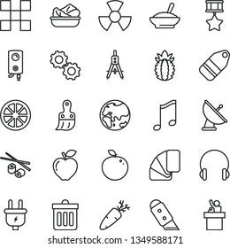 thin line vector icon set - sample of colour vector, plastic brush, tile, knife, boiler, dust bin, headphones, music, label, a bowl buckwheat porridge, lettuce in plate, carrot, Chinese chopsticks