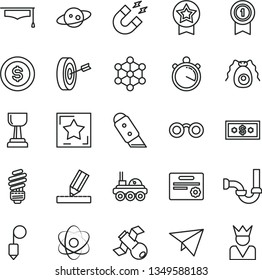 thin line vector icon set - sewerage vector, saving light bulb, drawing, plummet, knife, atom, glasses, satellite, bactery, magnet, graduate hat, saturn, lunar rover, stopwatch, 3d cube, gold cup