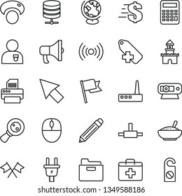 thin line vector icon set - graphite pencil vector, first aid kit, add label, dollar, flag, big data server, folder, megaphone, a bowl of rice porridge, mashroom, electric plug, magnifying glass