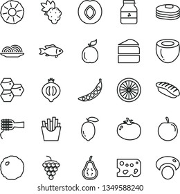 thin line vector icon set - piece of cheese vector, onion, noodles, cake, cabbage, tomato, French fries, japanese sushi, fish, jar jam, pancakes, honeycombs, grape, large, plum, half medlar, tasty