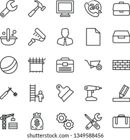 thin line vector icon set - repair key vector, monitor window, clean sheet of paper, bath ball, tower crane, brickwork, building trolley, small tools, drill, paint roller, portfolio, drawing, drawer