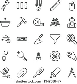 thin line vector icon set - clip vector, graphite pencil, zoom, open pin, electronic thermometer e, winch hook, garden trolley, trowel, concrete mixer, adjustable wrench, measuring tape, ladder, key